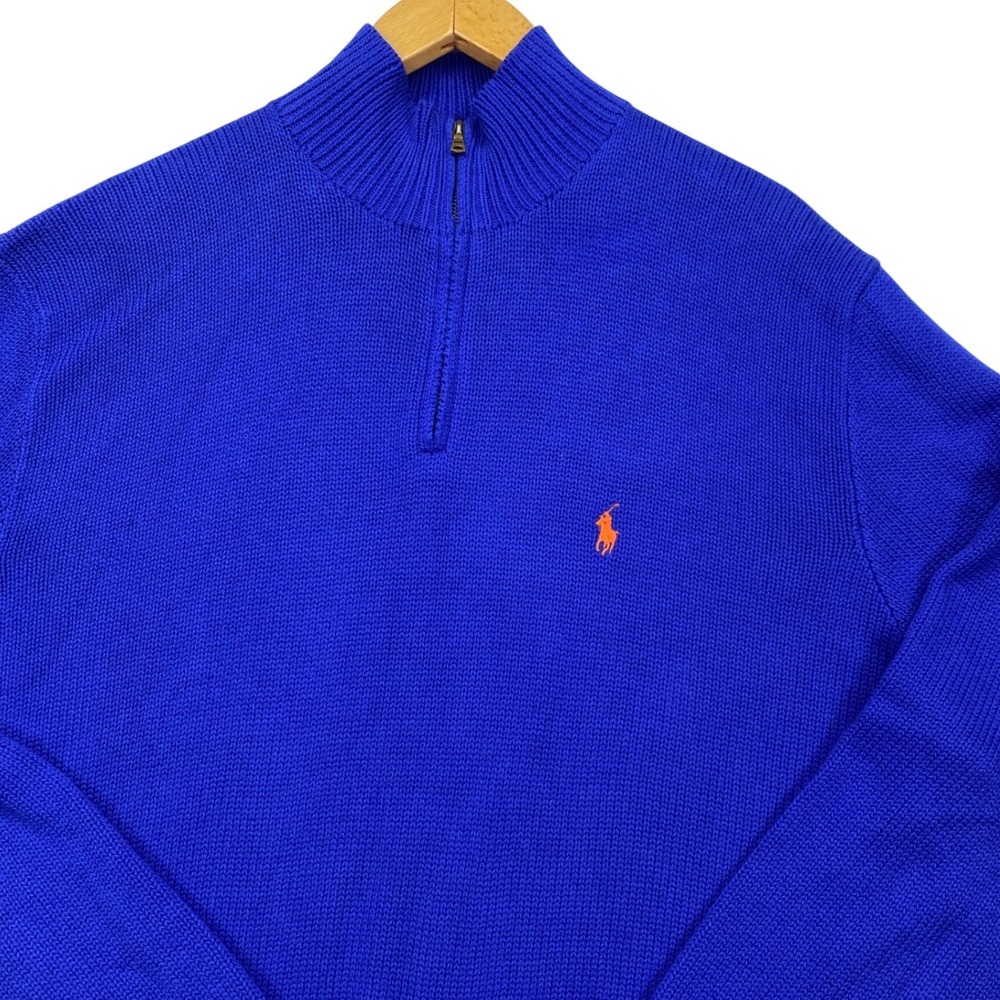 Polo Ralph Lauren Quarter Zip Sweater Mens XL Royal Blue Cotton Knit Orange Pony
